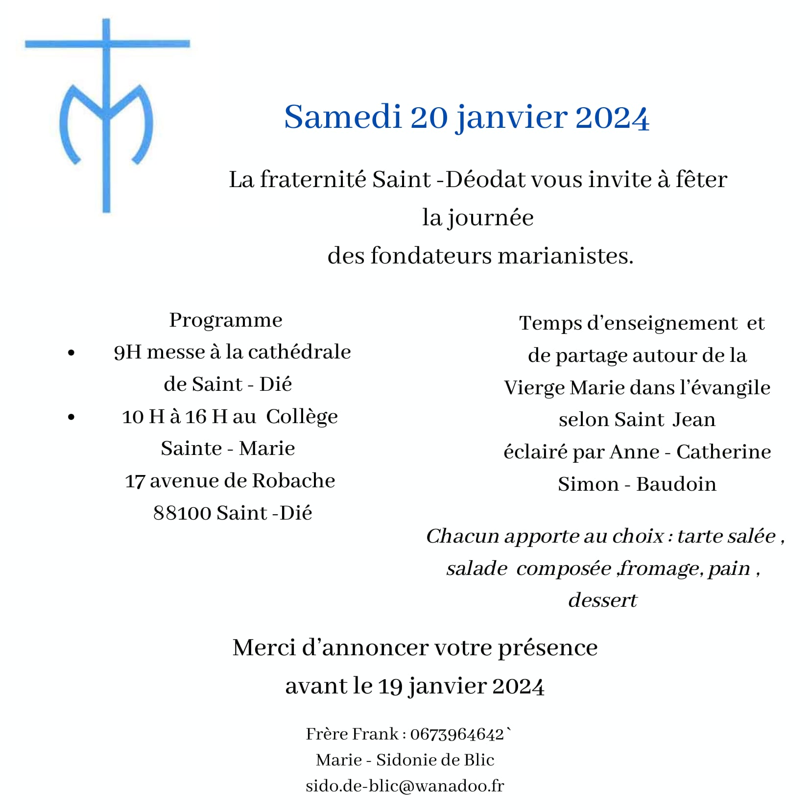 Invitation journée fondateurs marianistes 20 janvier 2024