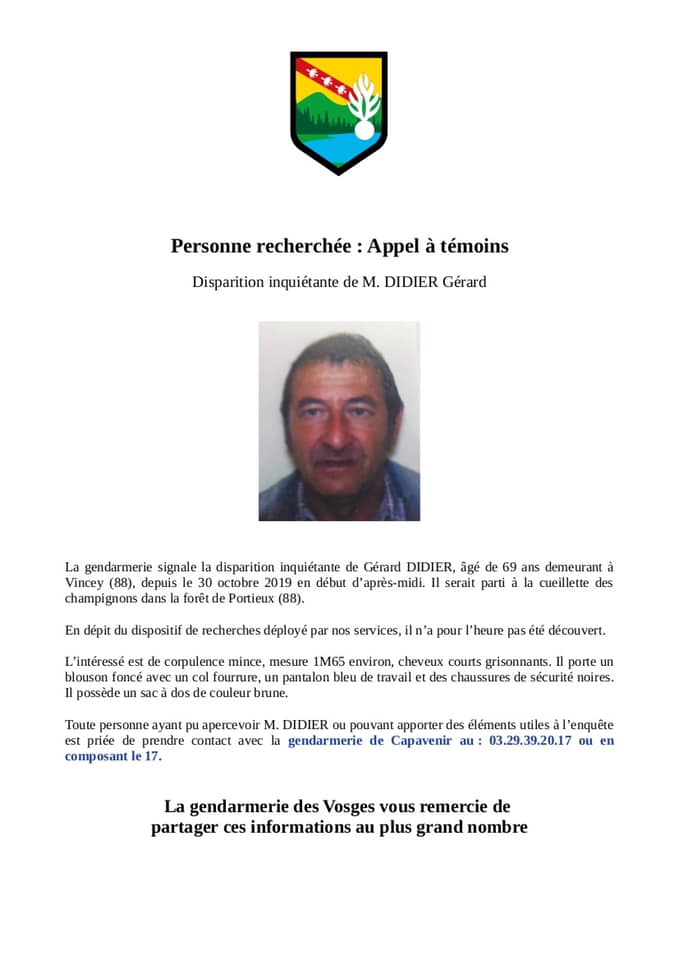 Vosges : disparition inquiétante d'un homme de 69 ans - Remiremont Info